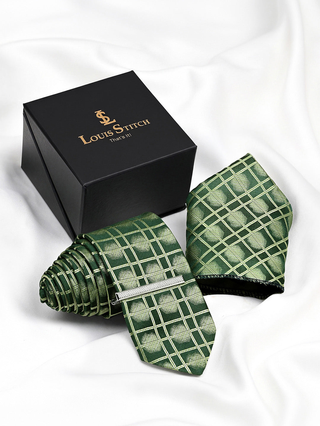 Sage Green Luxury Polyster Micro Fabric Necktie Set Pocket Square Chrome Tiepin
