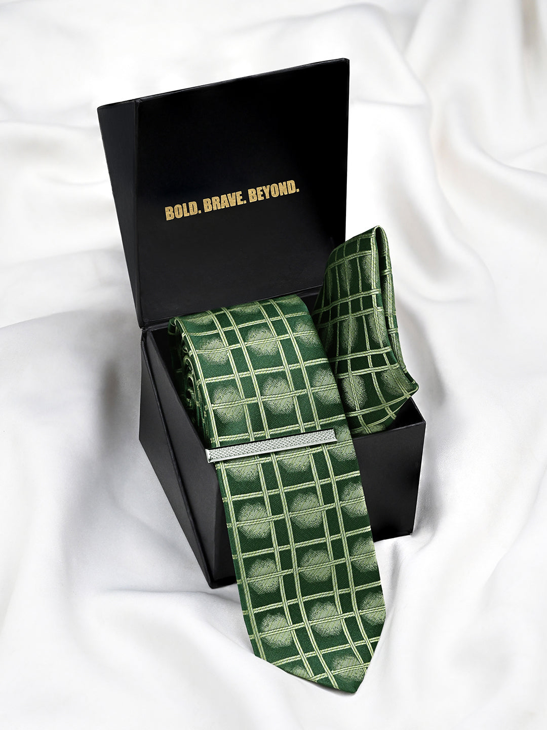 Sage Green Luxury Polyster Micro Fabric Necktie Set Pocket Square Chrome Tiepin