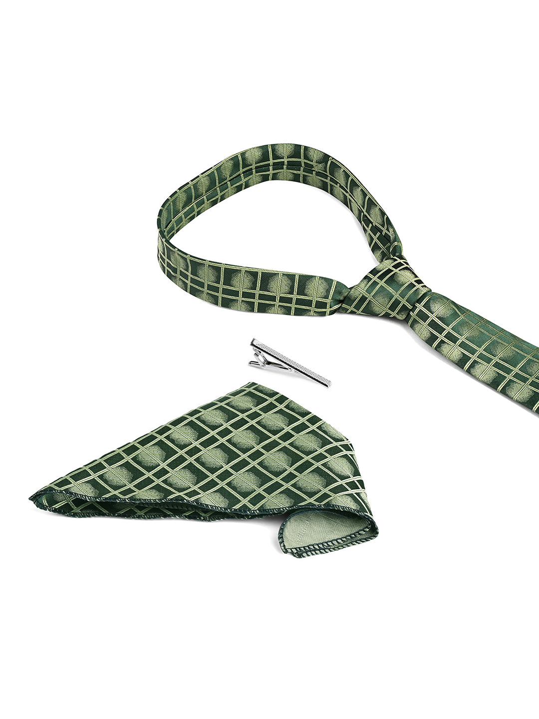 Sage Green Luxury Polyster Micro Fabric Necktie Set Pocket Square Chrome Tiepin