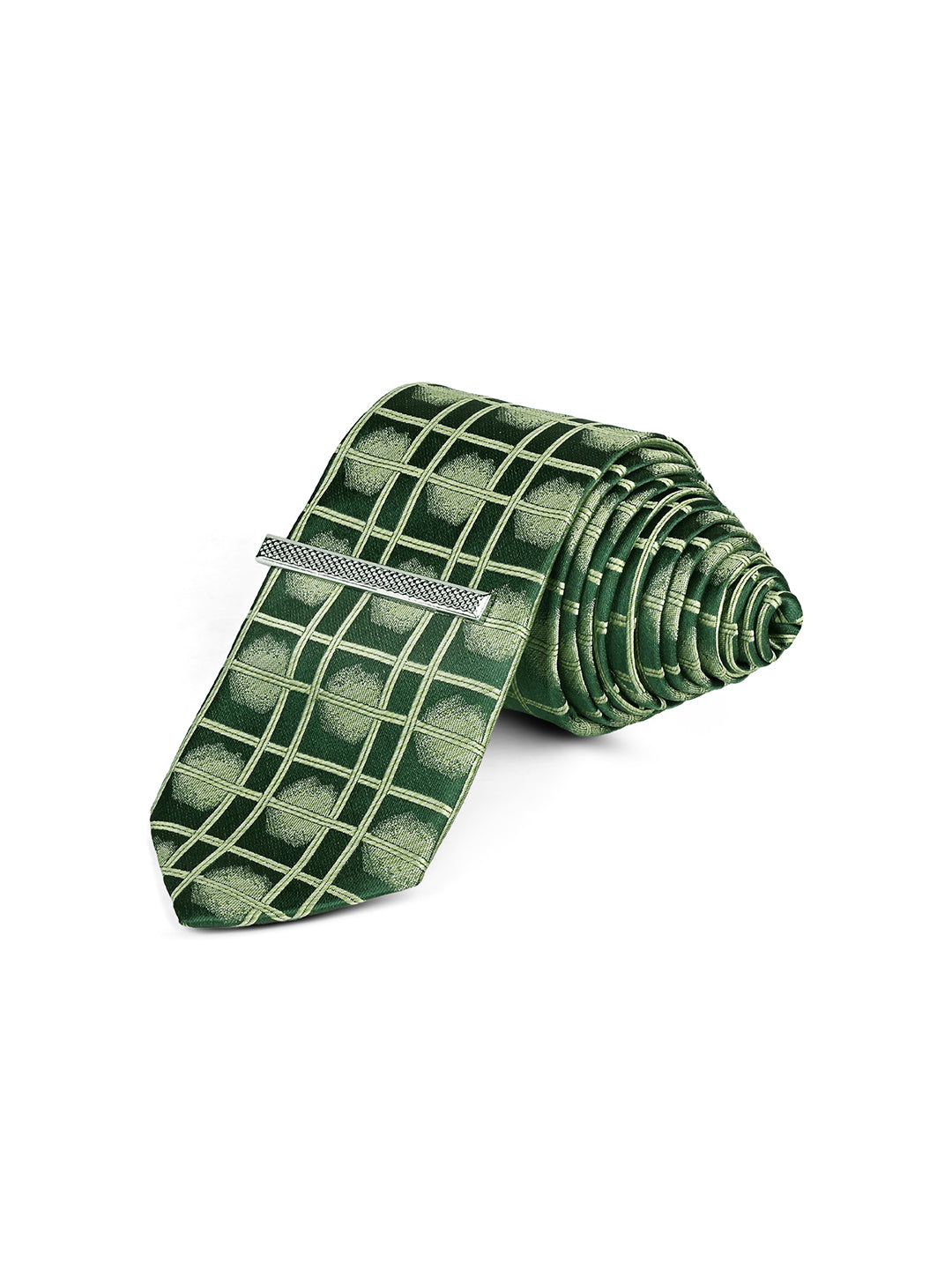 Sage Green Luxury Polyster Micro Fabric Necktie Set Pocket Square Chrome Tiepin