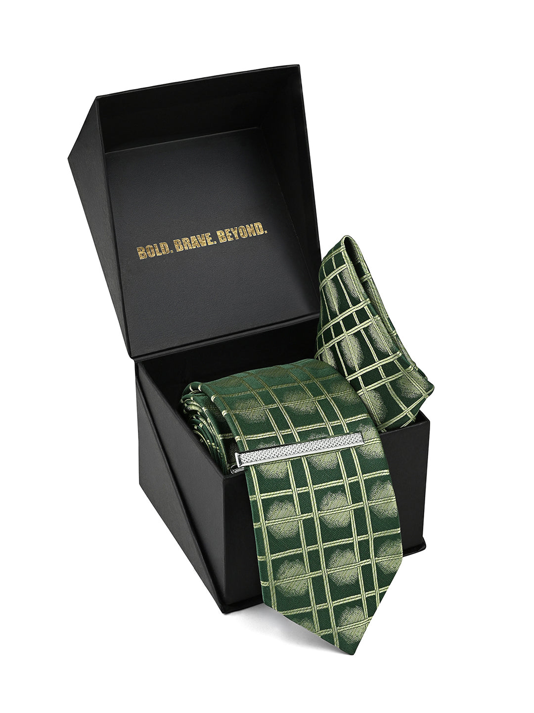 Sage Green Luxury Polyster Micro Fabric Necktie Set Pocket Square Chrome Tiepin