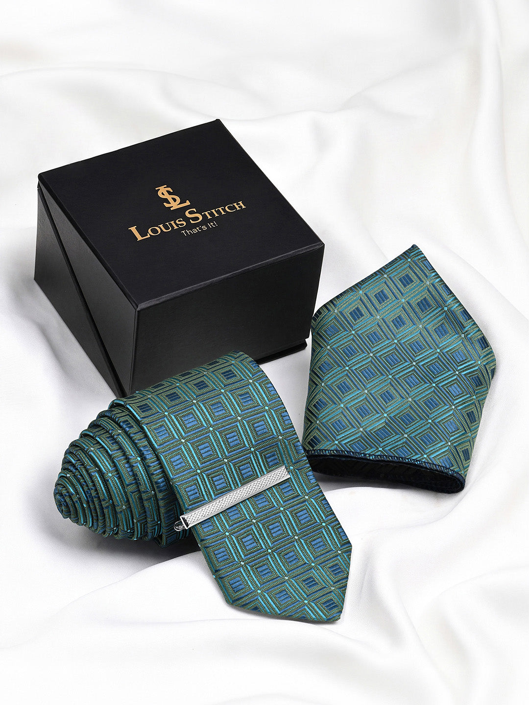 Navy & Teal Luxury Polyster Micro Fabric Necktie Set Pocket Square Chrome Tiepin