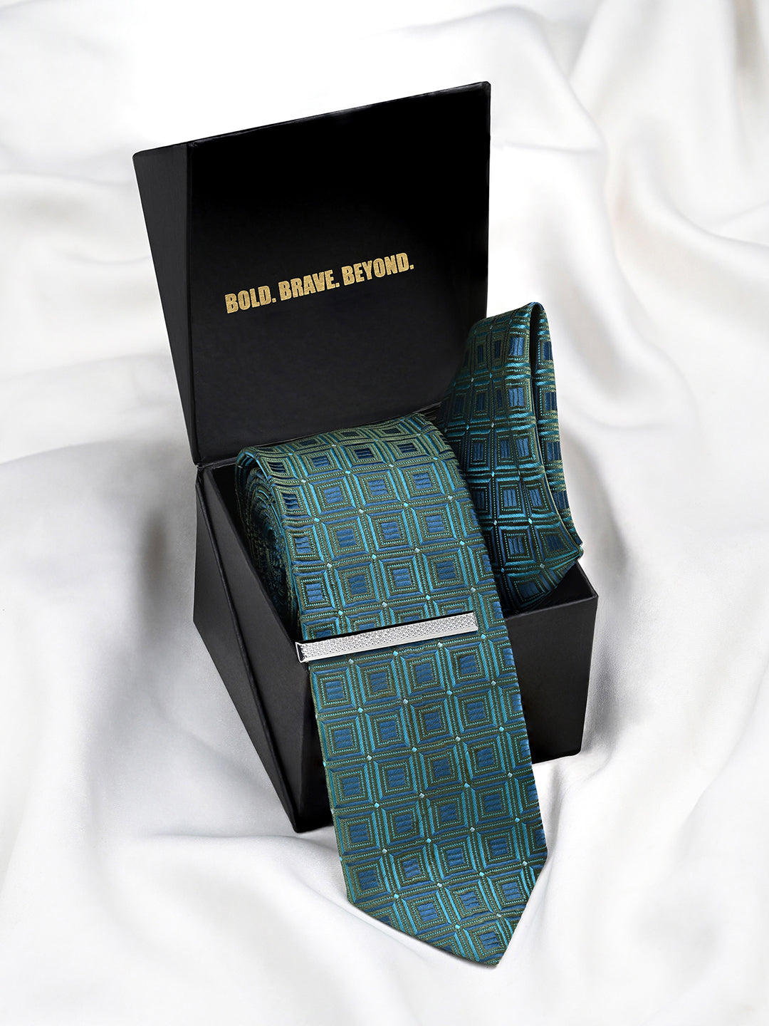 Navy & Teal Luxury Polyster Micro Fabric Necktie Set Pocket Square Chrome Tiepin