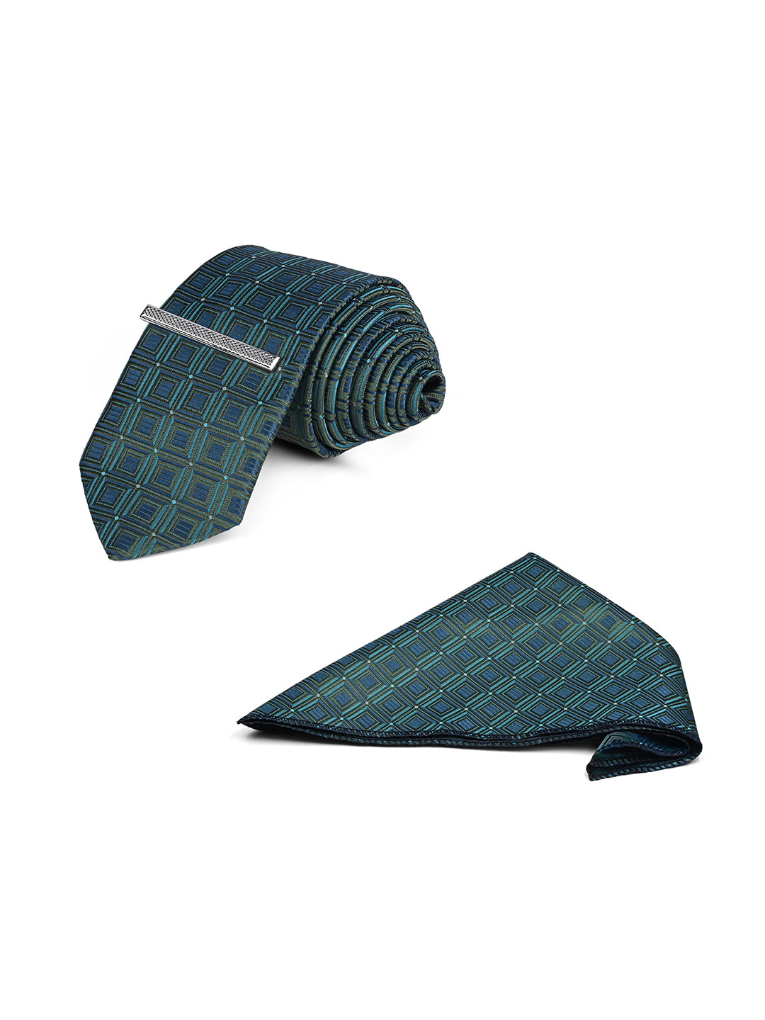 Navy & Teal Luxury Polyster Micro Fabric Necktie Set Pocket Square Chrome Tiepin