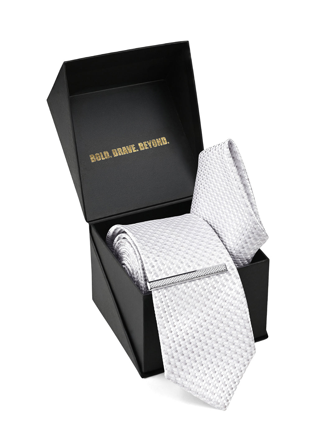 Textured White Luxury Polyster Micro Fabric Necktie Set Pocket Square Chrome Tiepin