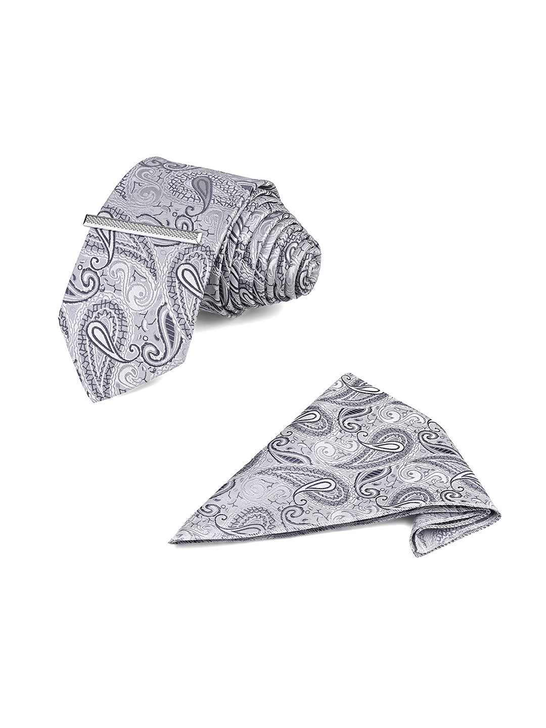 Charcoal Grey Luxury Polyster Micro Fabric Necktie Set Pocket Square Chrome Tiepin