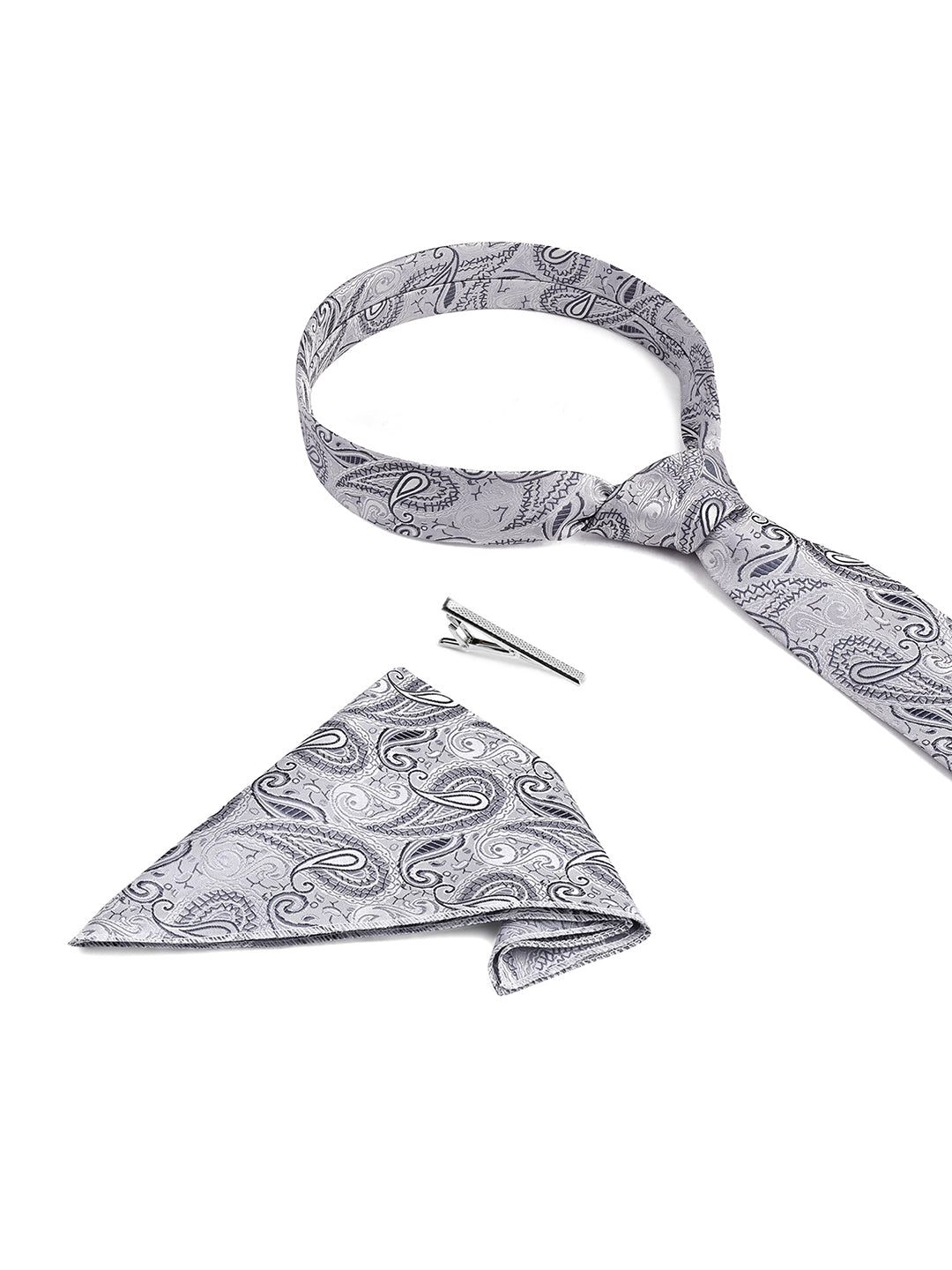 Charcoal Grey Luxury Polyster Micro Fabric Necktie Set Pocket Square Chrome Tiepin