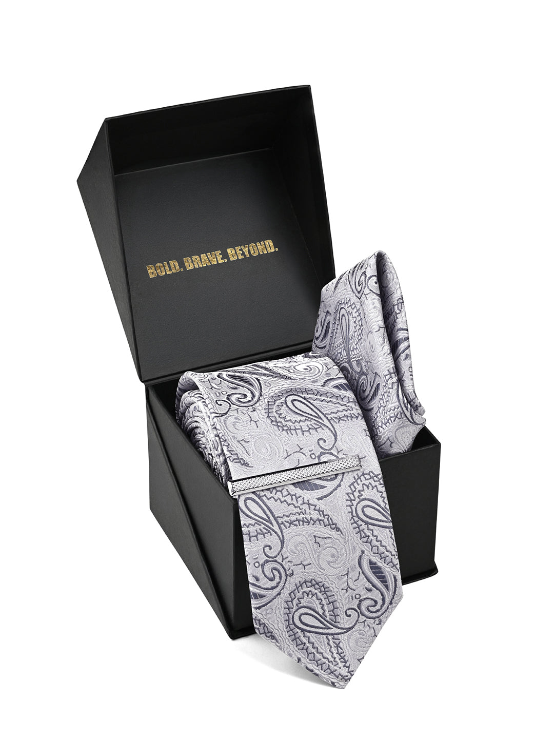 Charcoal Grey Luxury Polyster Micro Fabric Necktie Set Pocket Square Chrome Tiepin