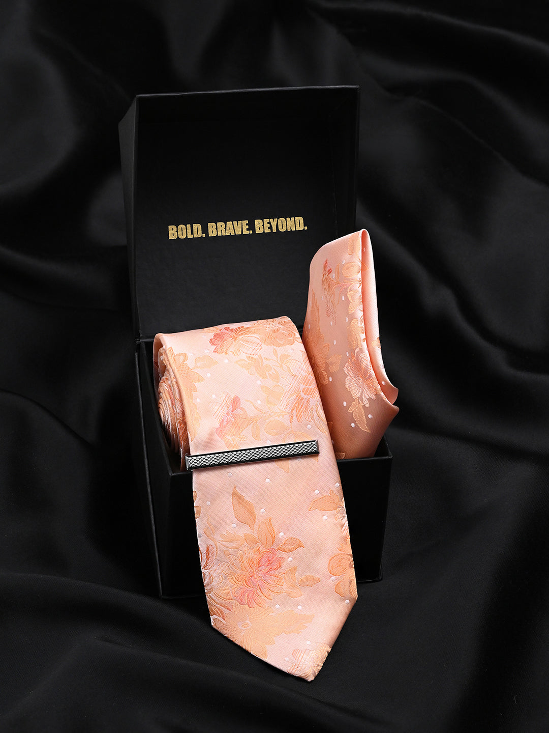 Floral Orange Luxury Polyster Micro Fabric Necktie Set Pocket Square Chrome Tiepin