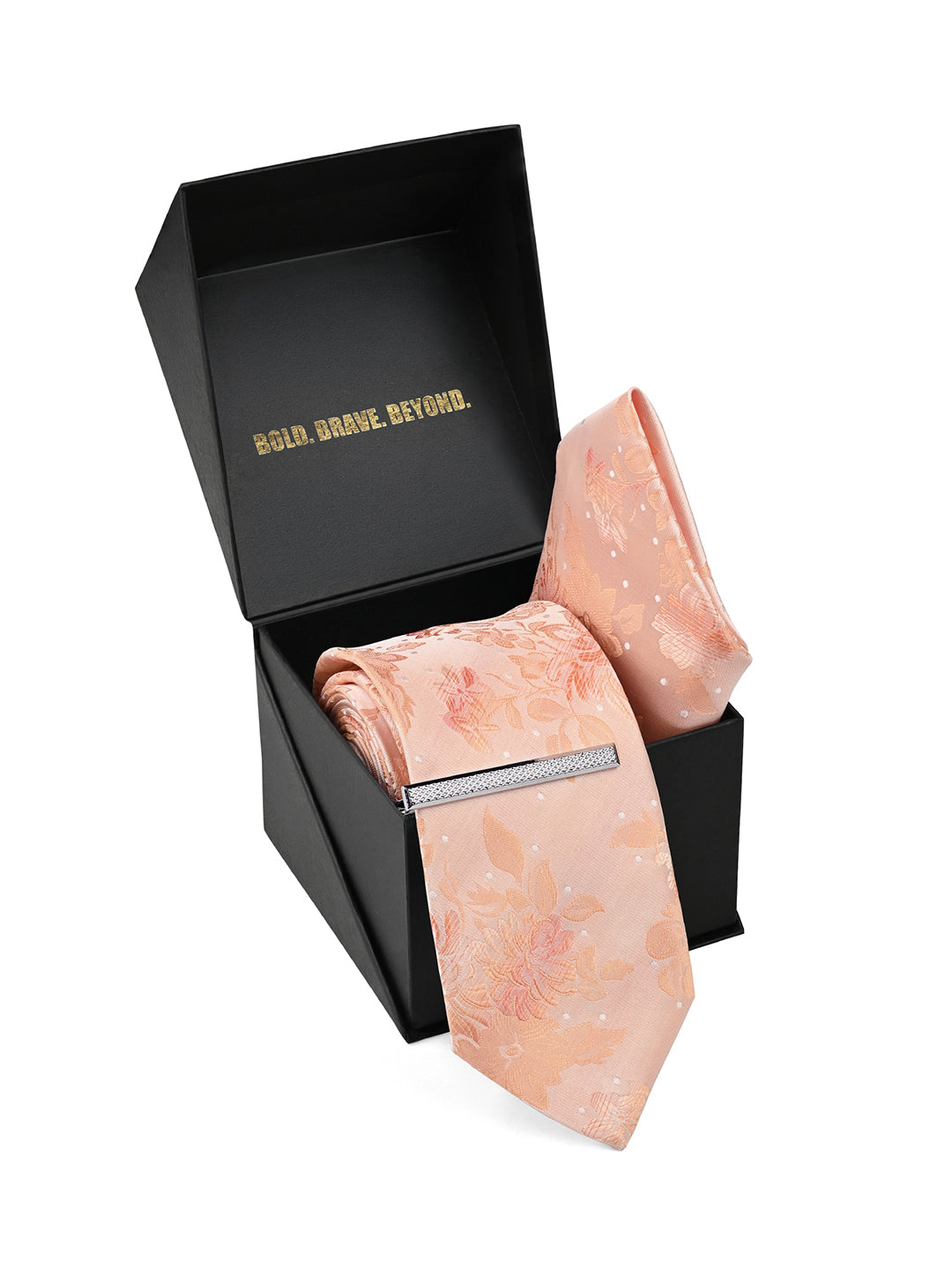 Floral Orange Luxury Polyster Micro Fabric Necktie Set Pocket Square Chrome Tiepin
