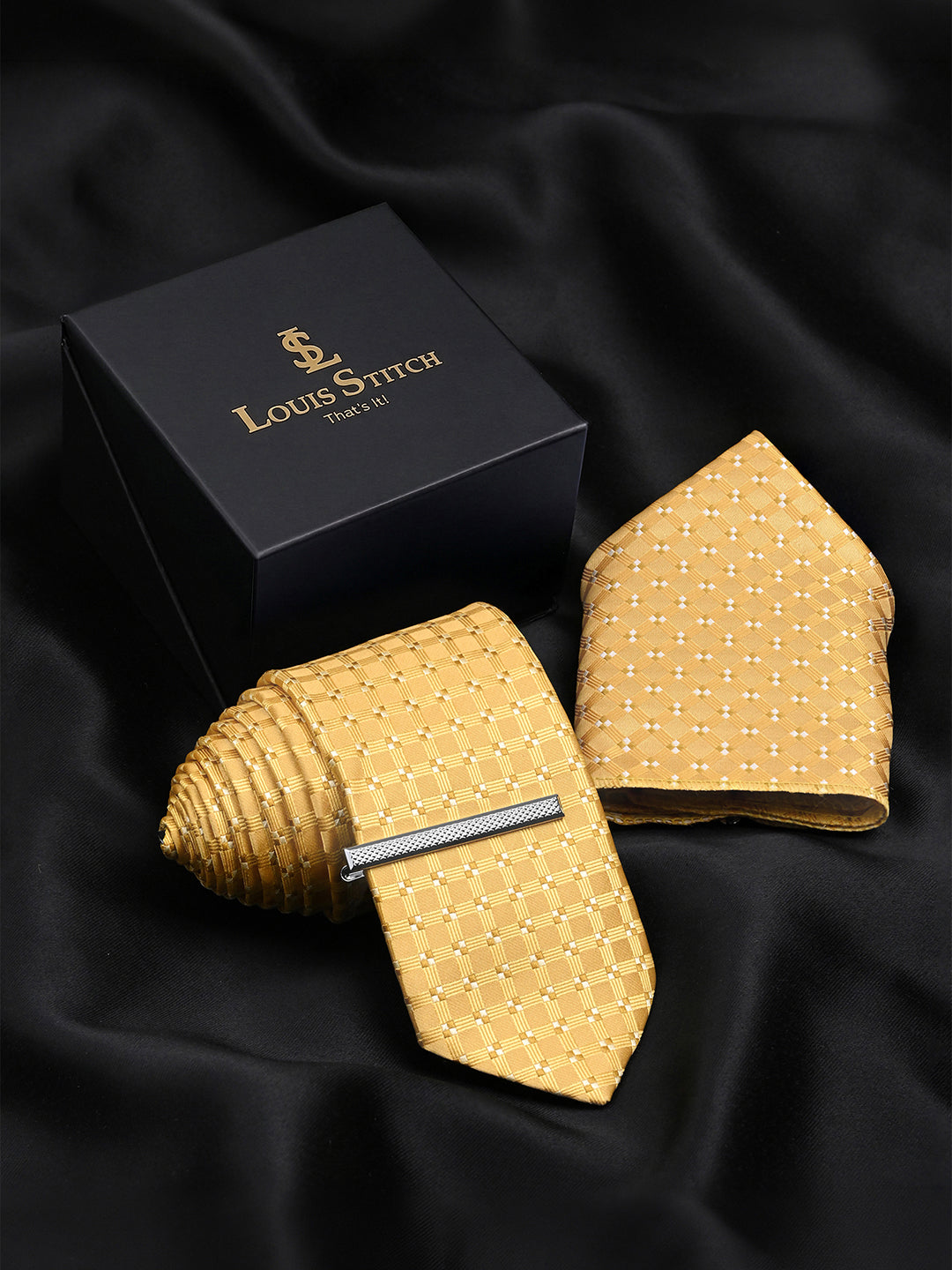 Mustard Yellow Luxury Polyster Micro Fabric Necktie Set Pocket Square Chrome Tiepin