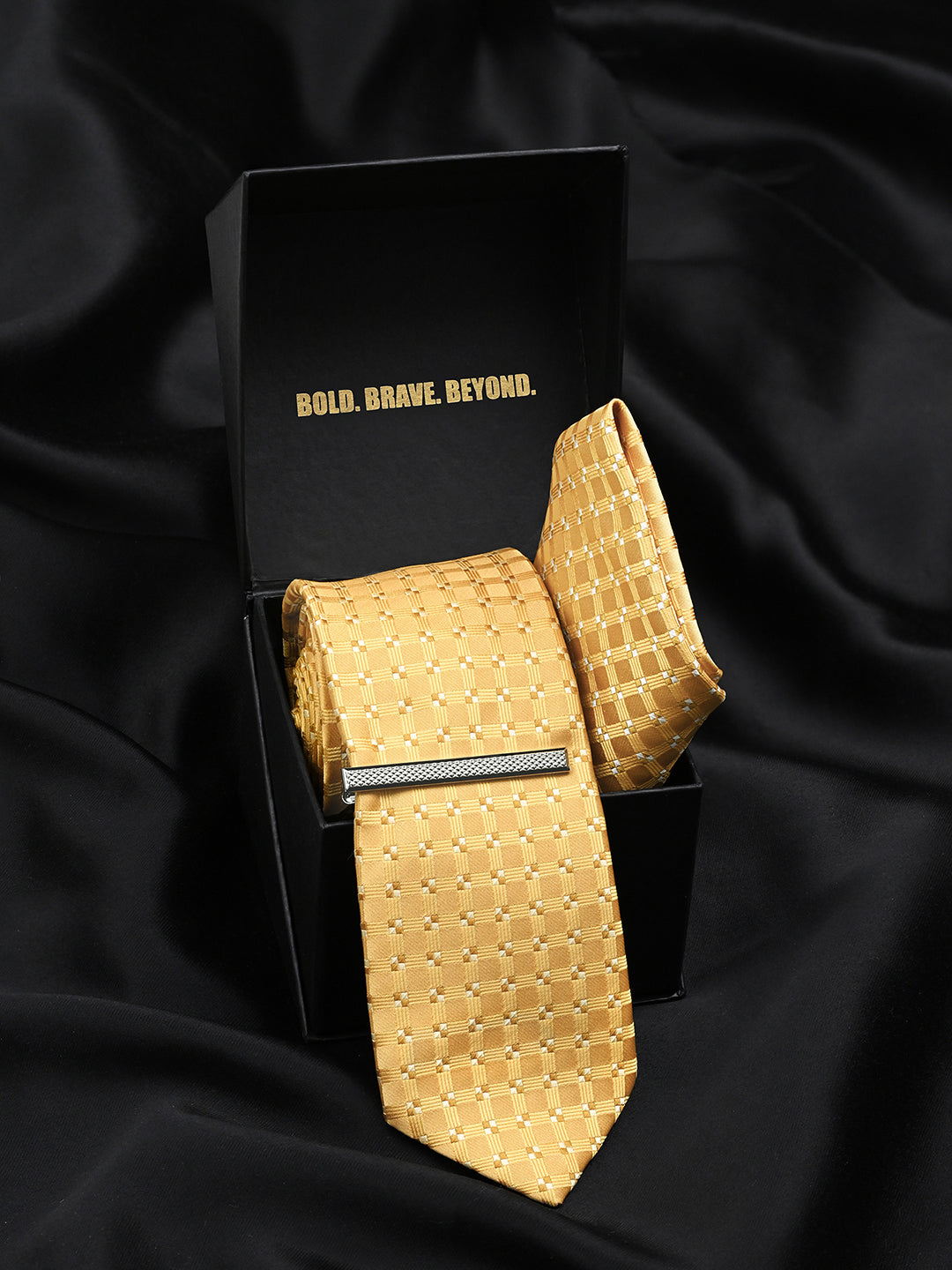 Mustard Yellow Luxury Polyster Micro Fabric Necktie Set Pocket Square Chrome Tiepin
