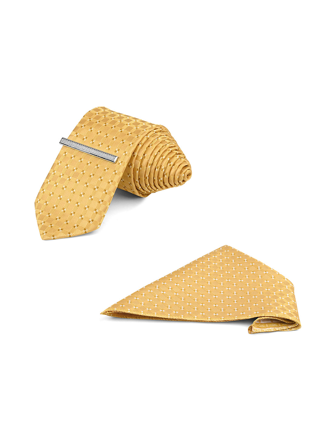 Mustard Yellow Luxury Polyster Micro Fabric Necktie Set Pocket Square Chrome Tiepin