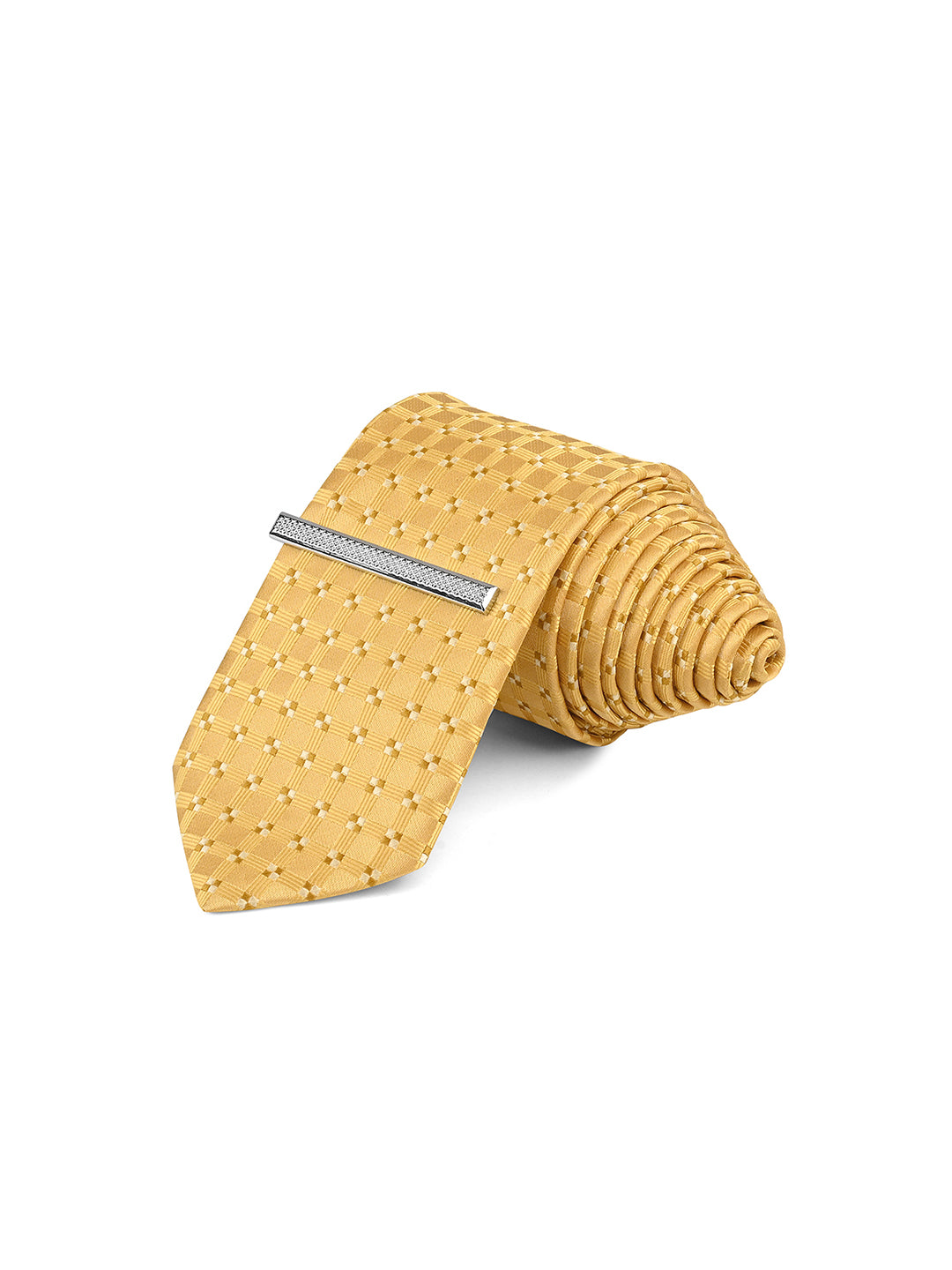 Mustard Yellow Luxury Polyster Micro Fabric Necktie Set Pocket Square Chrome Tiepin