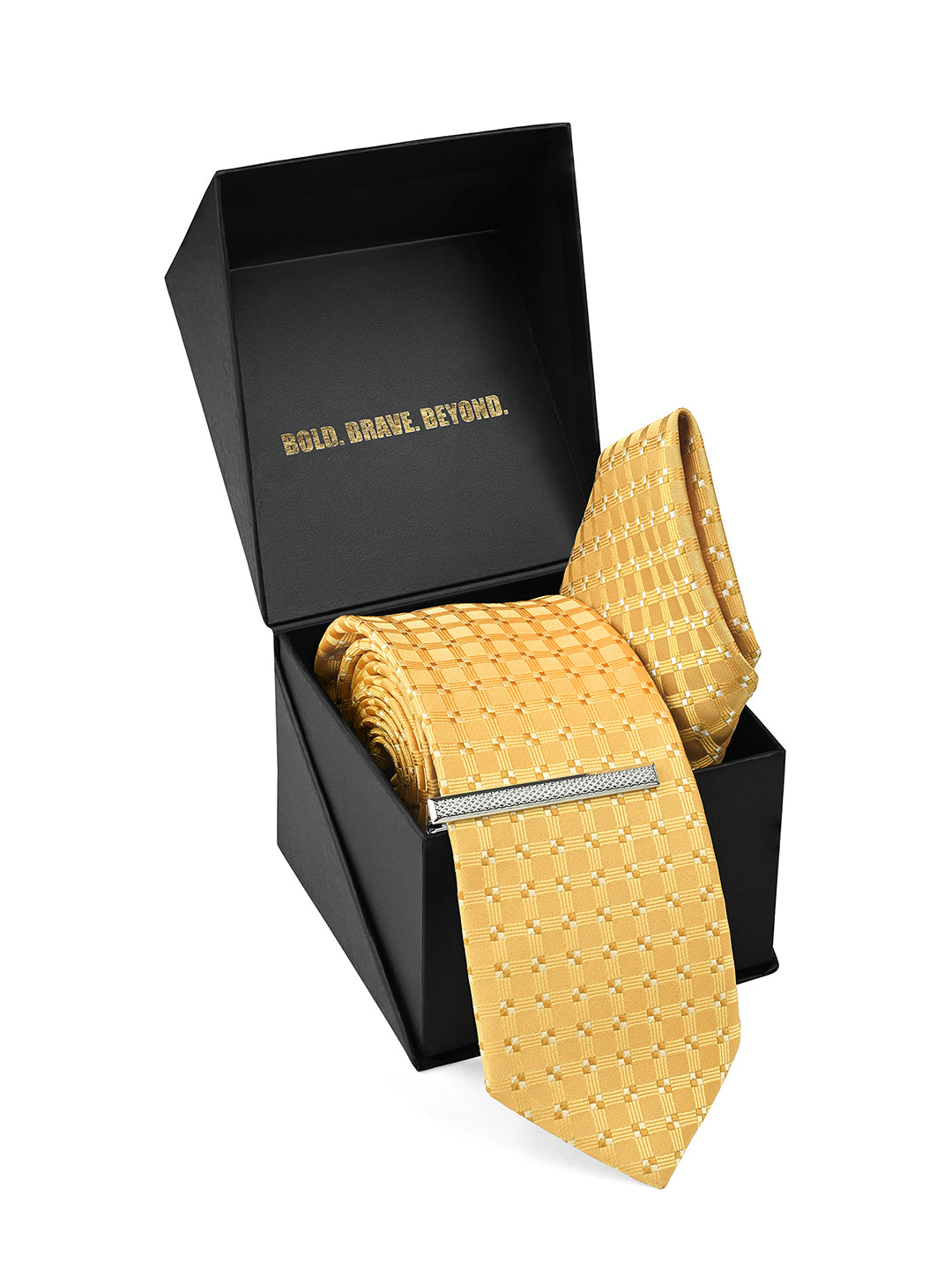 Mustard Yellow Luxury Polyster Micro Fabric Necktie Set Pocket Square Chrome Tiepin