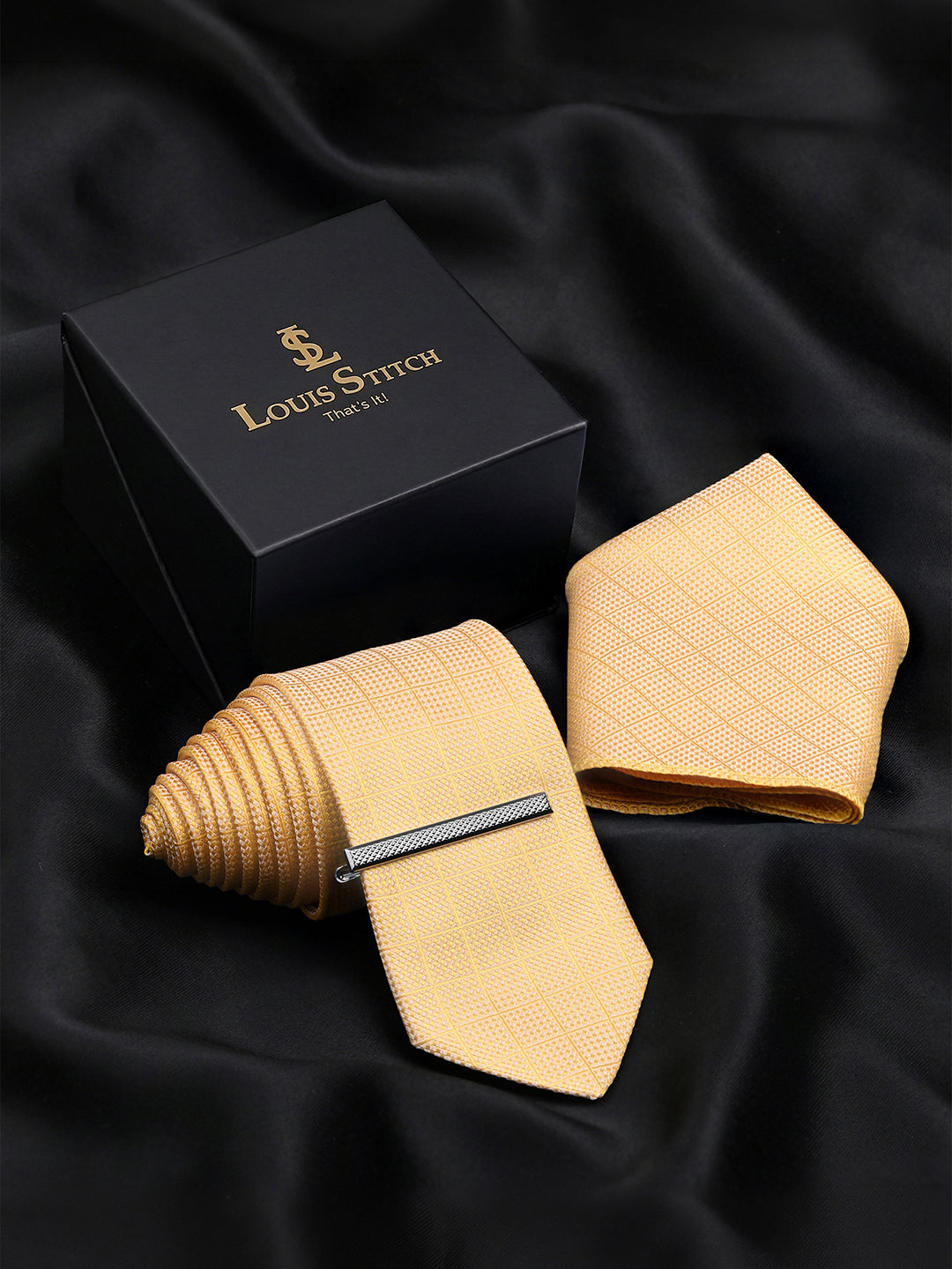 Geometric Yellow Luxury Polyster Micro Fabric Necktie Set Pocket Square Chrome Tiepin