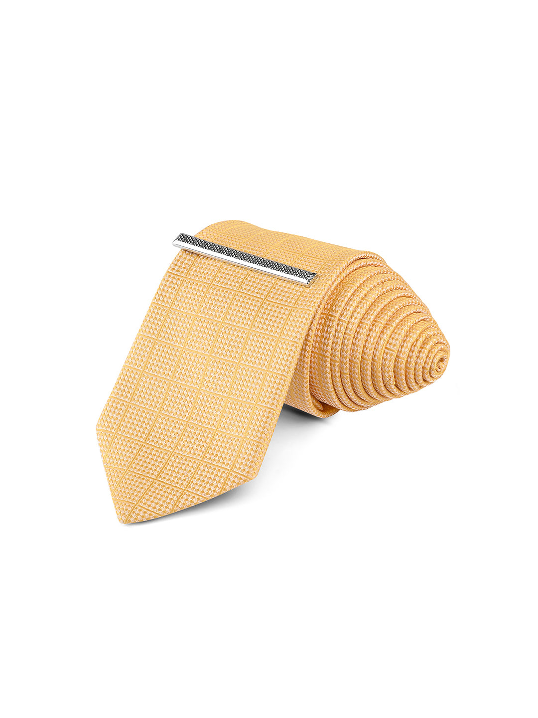 Geometric Yellow Luxury Polyster Micro Fabric Necktie Set Pocket Square Chrome Tiepin