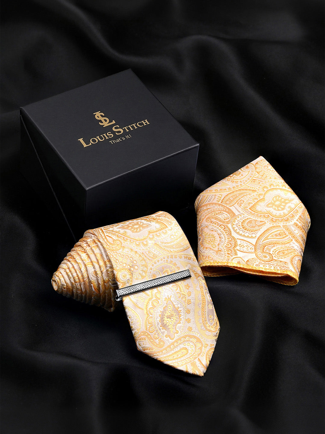 Paisley Yellow Luxury Polyster Micro Fabric Necktie Set Pocket Square Chrome Tiepin