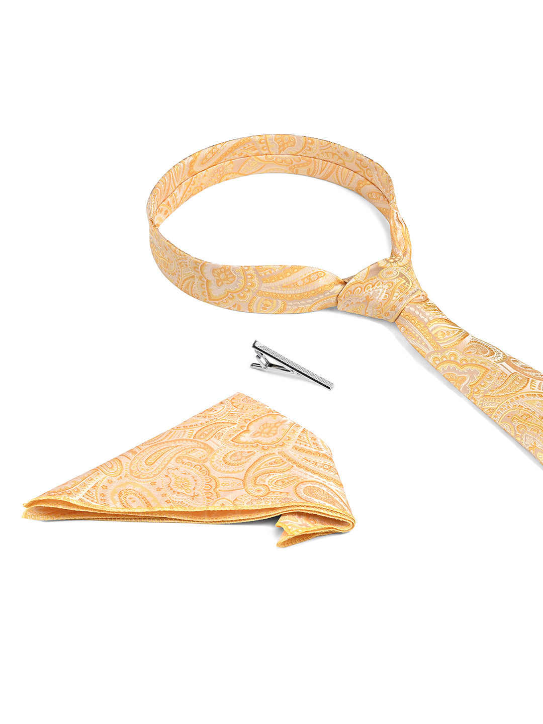 Paisley Yellow Luxury Polyster Micro Fabric Necktie Set Pocket Square Chrome Tiepin