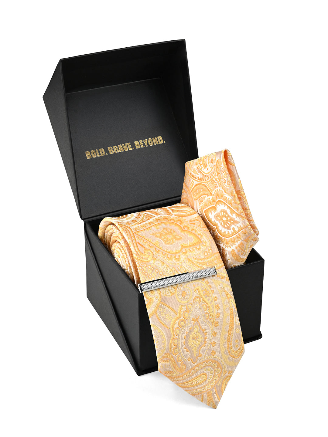 Paisley Yellow Luxury Polyster Micro Fabric Necktie Set Pocket Square Chrome Tiepin