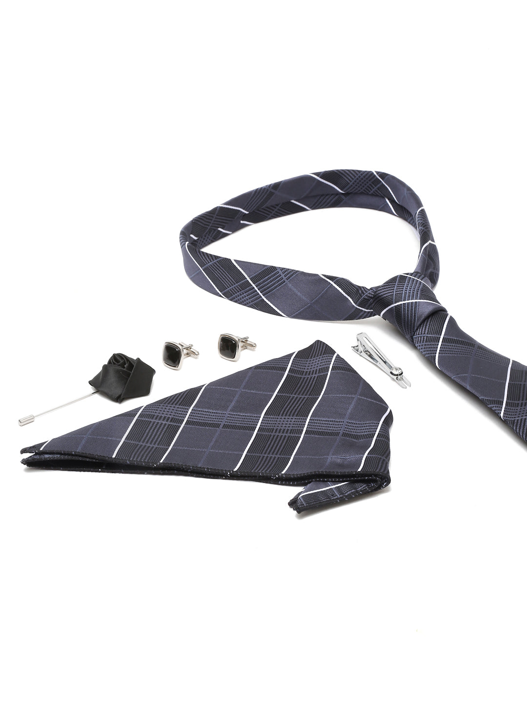 Dark Grey Italian Silk Necktie Set Pocket Square Chrome Tiepin cufflinks and Brooch