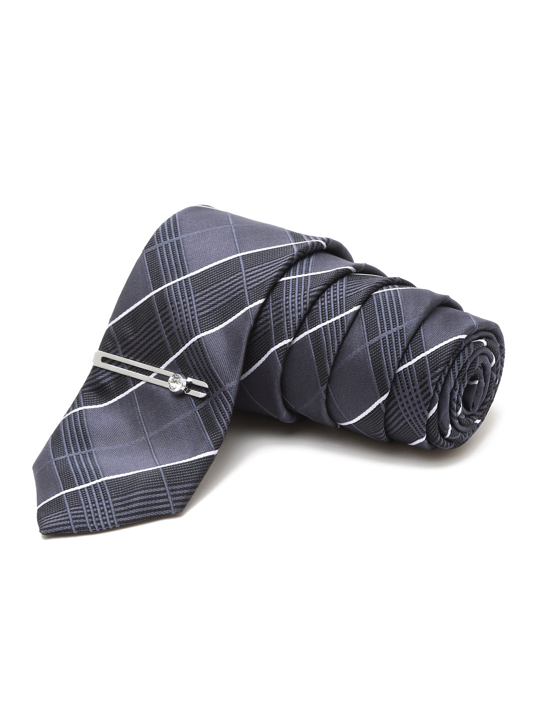 Dark Grey Italian Silk Necktie Set Pocket Square Chrome Tiepin cufflinks and Brooch