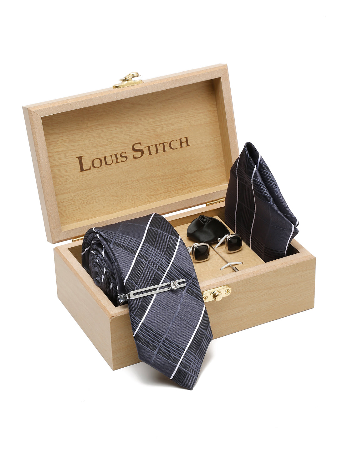 Dark Grey Italian Silk Necktie Set Pocket Square Chrome Tiepin cufflinks and Brooch