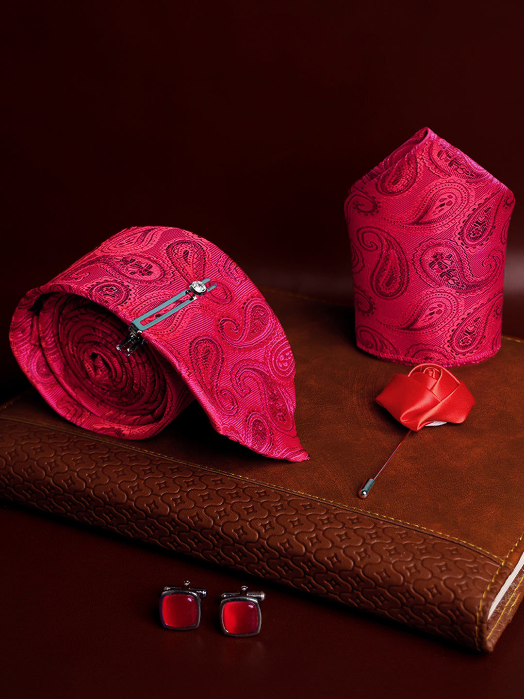 Venetian Red Luxury Italian Silk Necktie Set Pocket Square Chrome Tiepin Cufflinks and Brooch