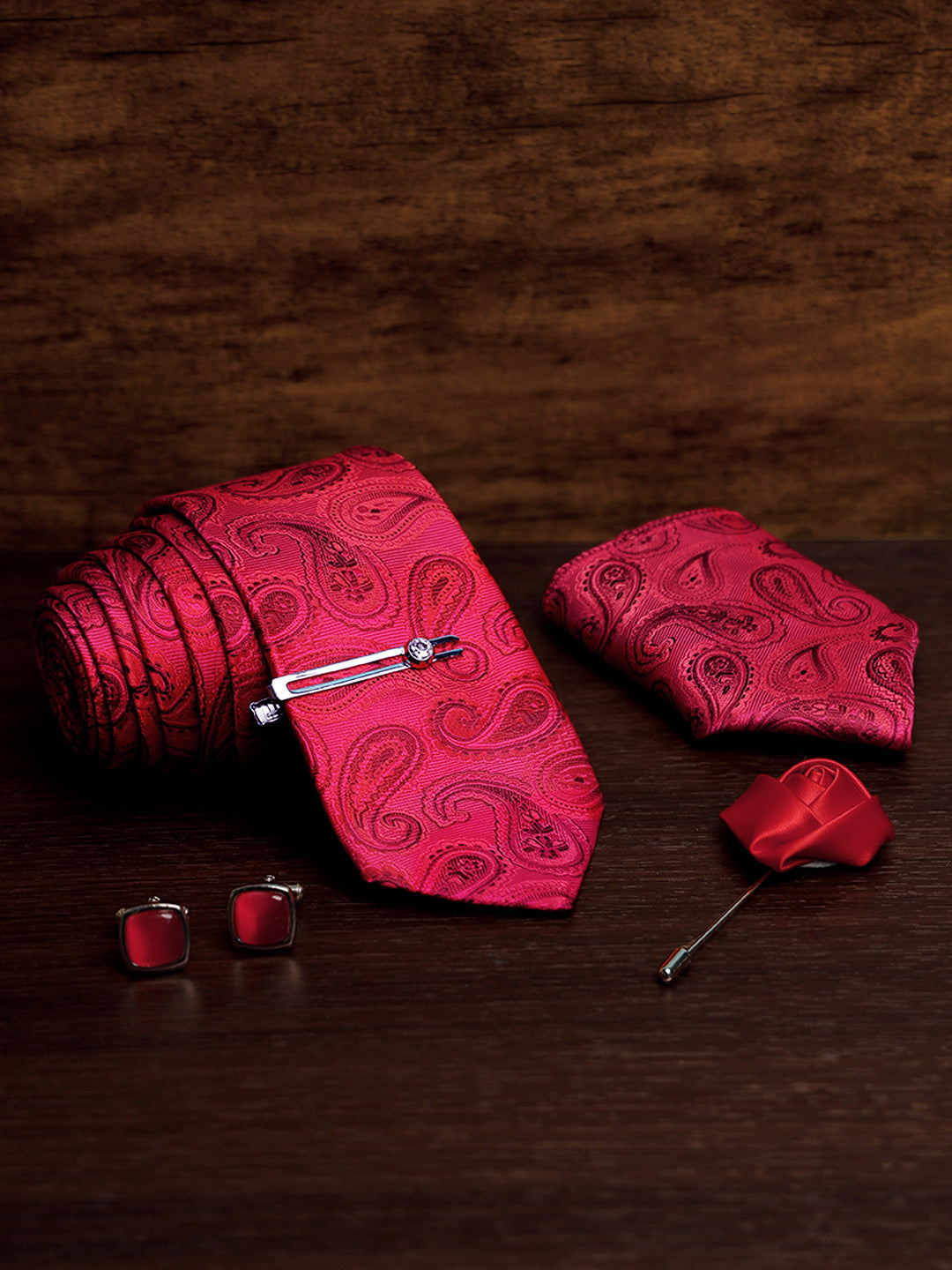 Venetian Red Luxury Italian Silk Necktie Set Pocket Square Chrome Tiepin Cufflinks and Brooch