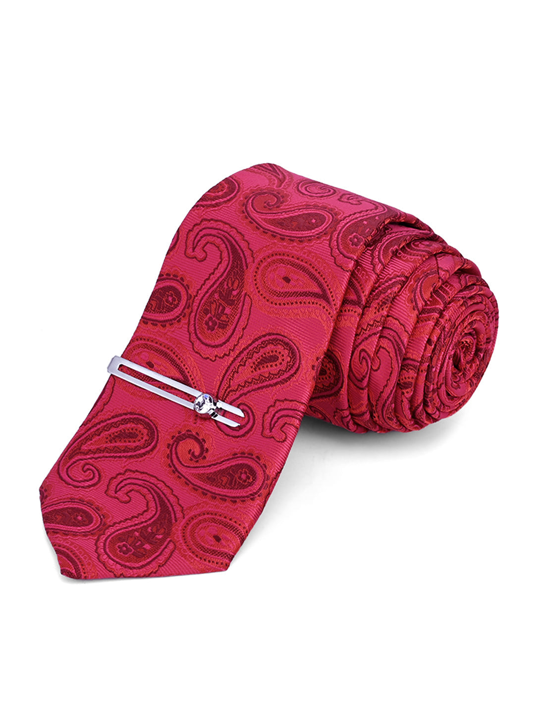 Venetian Red Luxury Italian Silk Necktie Set Pocket Square Chrome Tiepin Cufflinks and Brooch