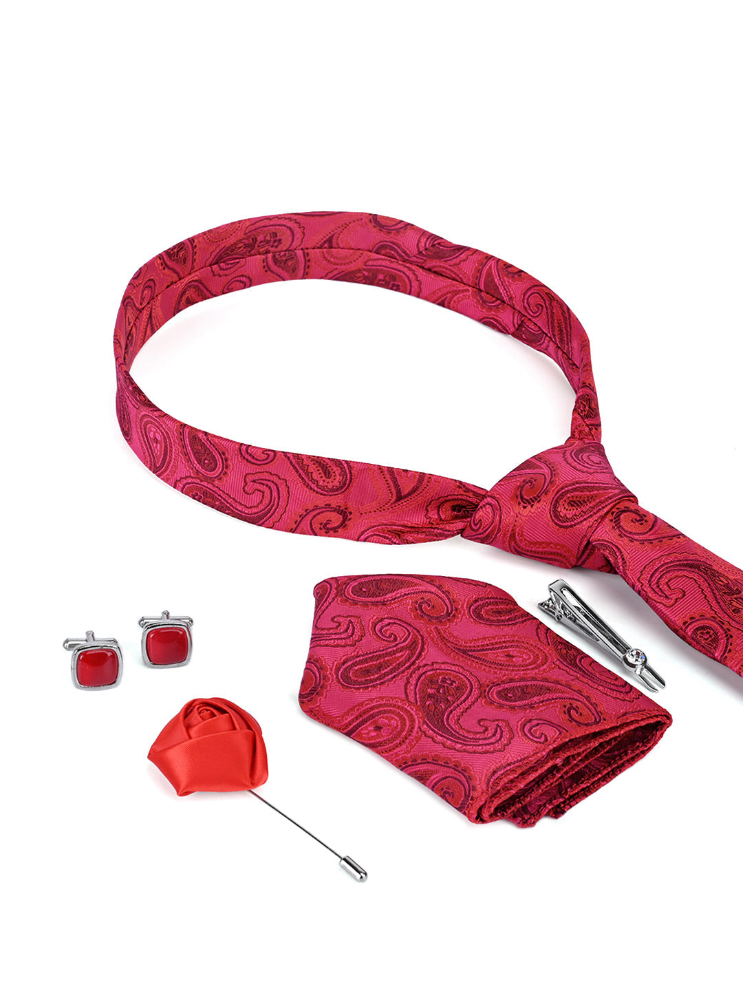 Venetian Red Luxury Italian Silk Necktie Set Pocket Square Chrome Tiepin Cufflinks and Brooch
