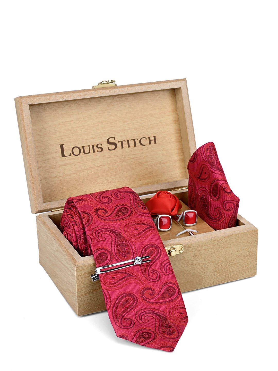 Venetian Red Luxury Italian Silk Necktie Set Pocket Square Chrome Tiepin Cufflinks and Brooch