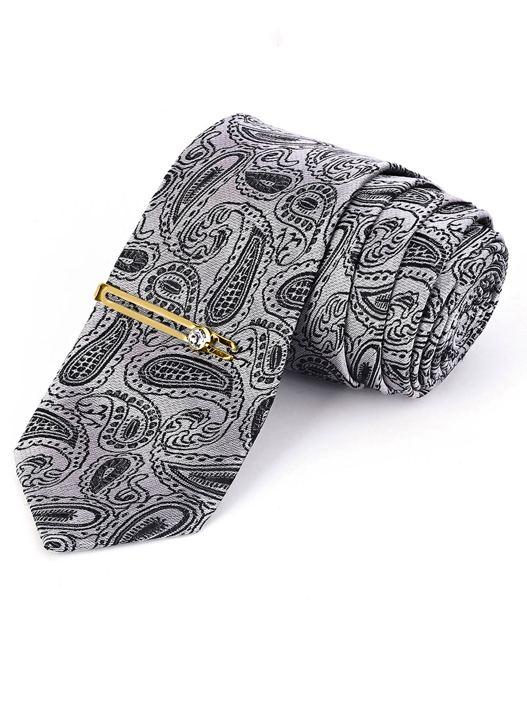 Black Mist Luxury Italian Silk Necktie Set Pocket Square Golden Tiepin