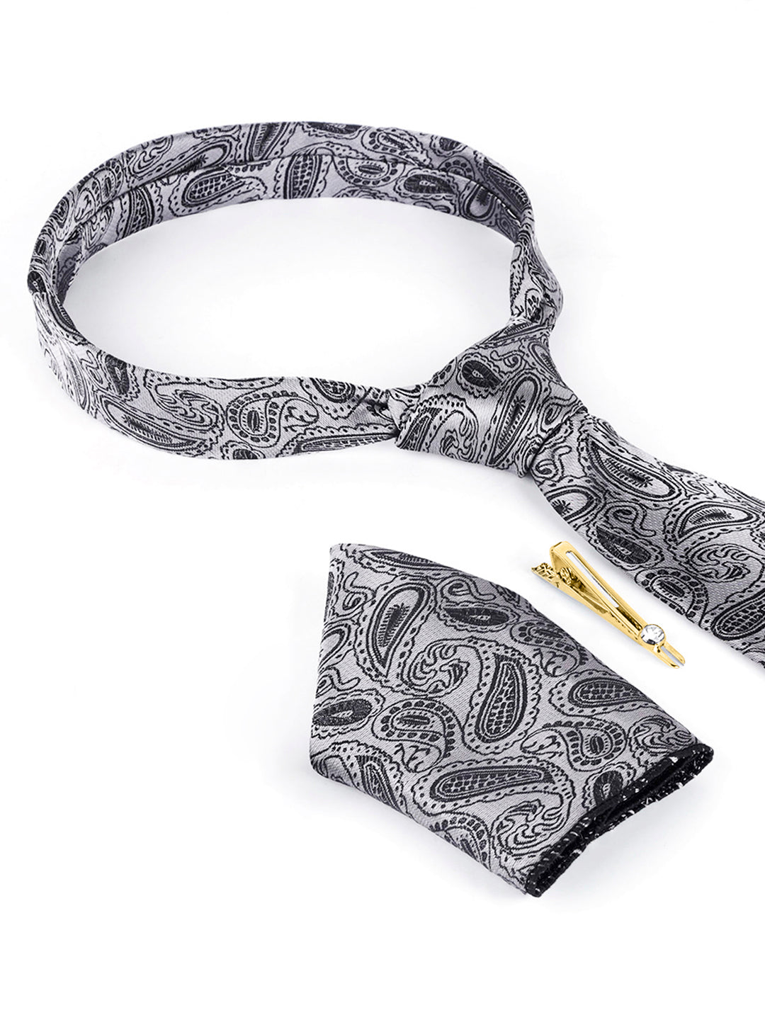 Black Mist Luxury Italian Silk Necktie Set Pocket Square Golden Tiepin