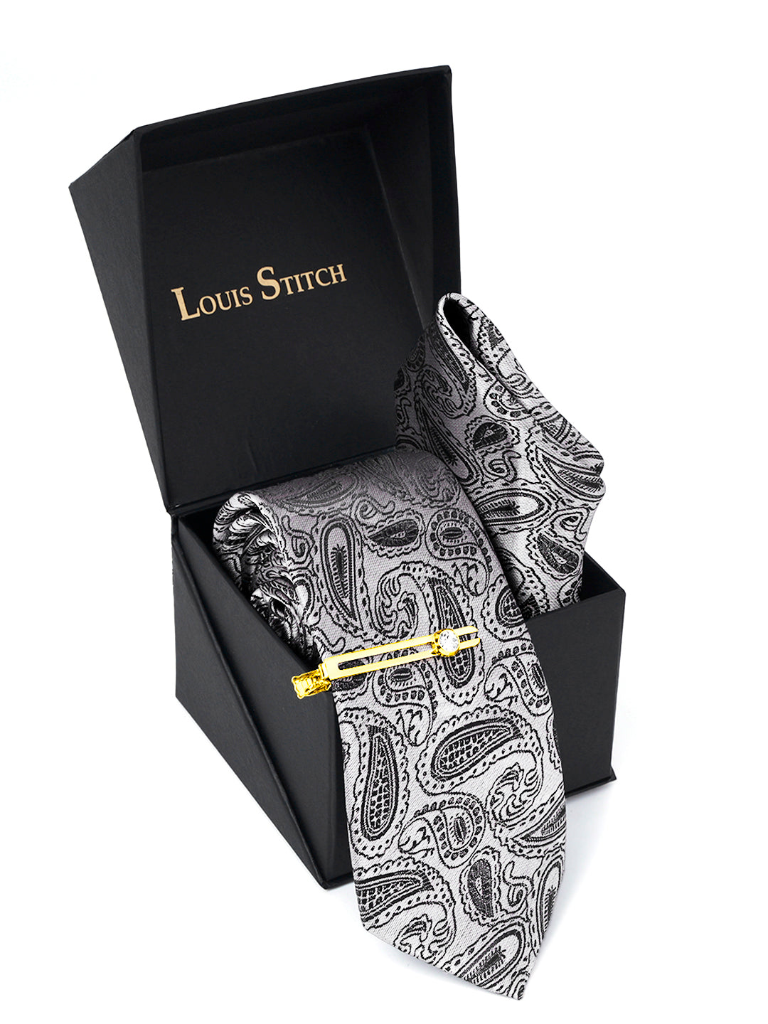 Black Mist Luxury Italian Silk Necktie Set Pocket Square Golden Tiepin