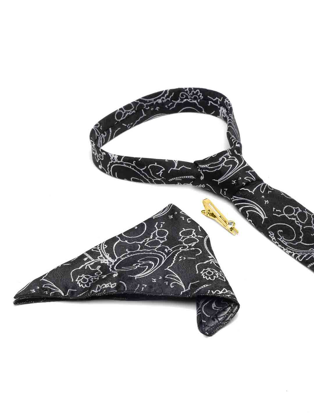 Onyx Black Italian Silk Necktie Set Pocket Square Golden Tiepin