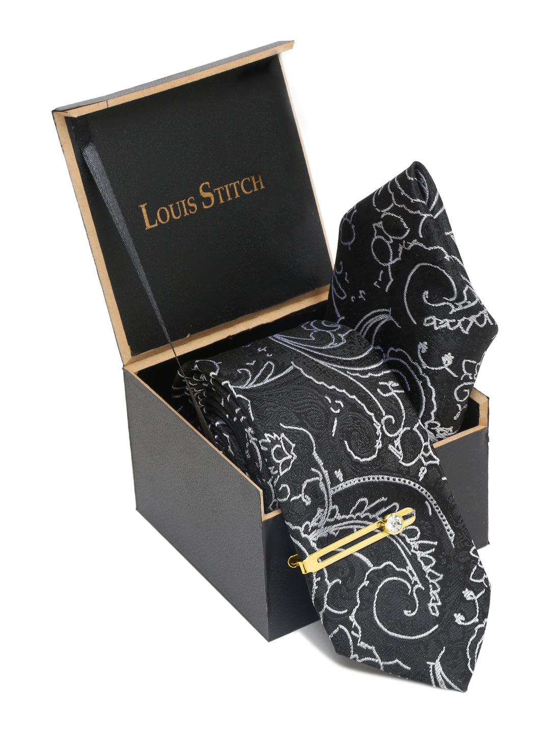 Onyx Black Italian Silk Necktie Set Pocket Square Golden Tiepin