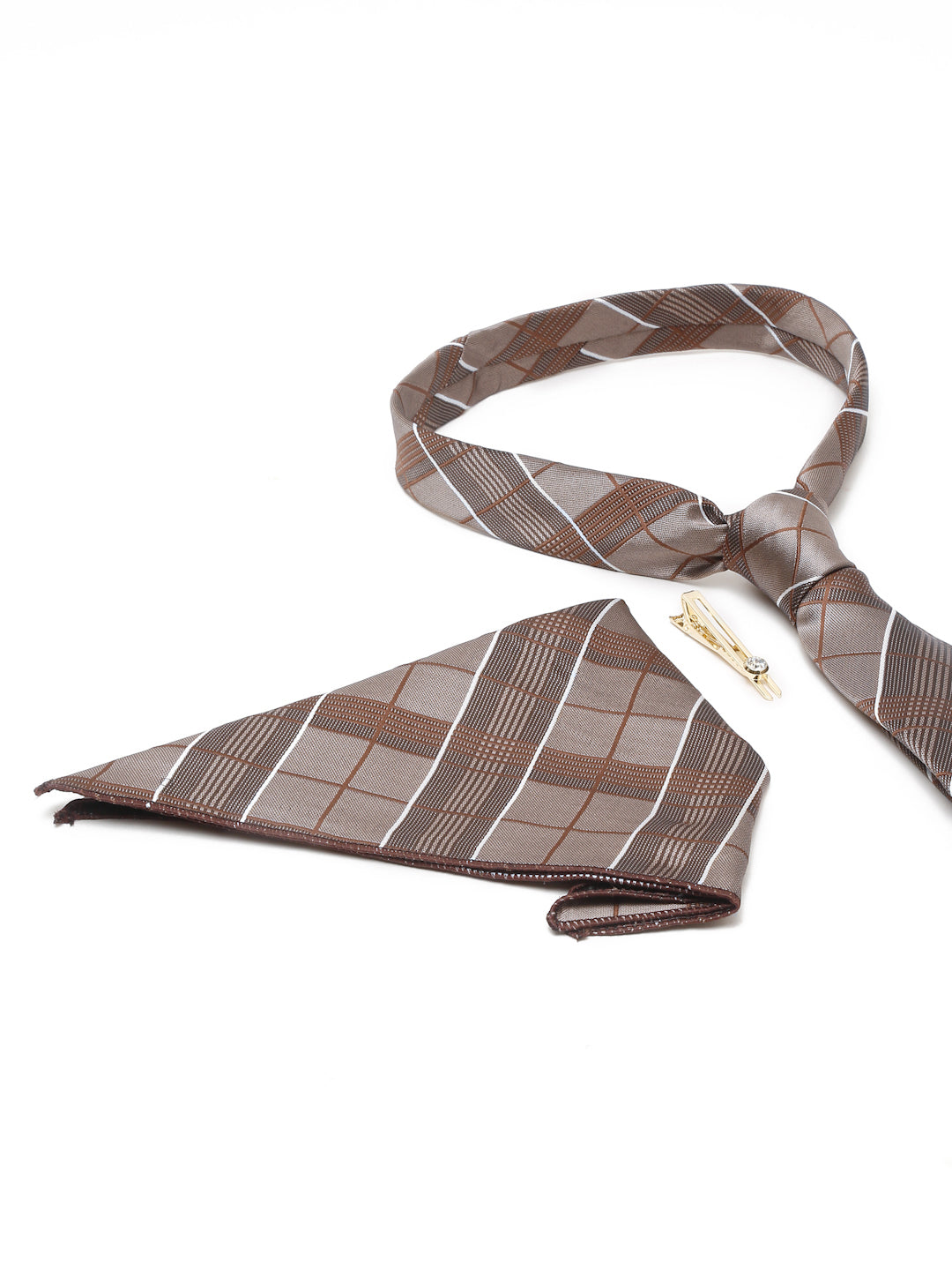 Checkered Brown Italian Silk Necktie Set Pocket Square Golden Tiepin