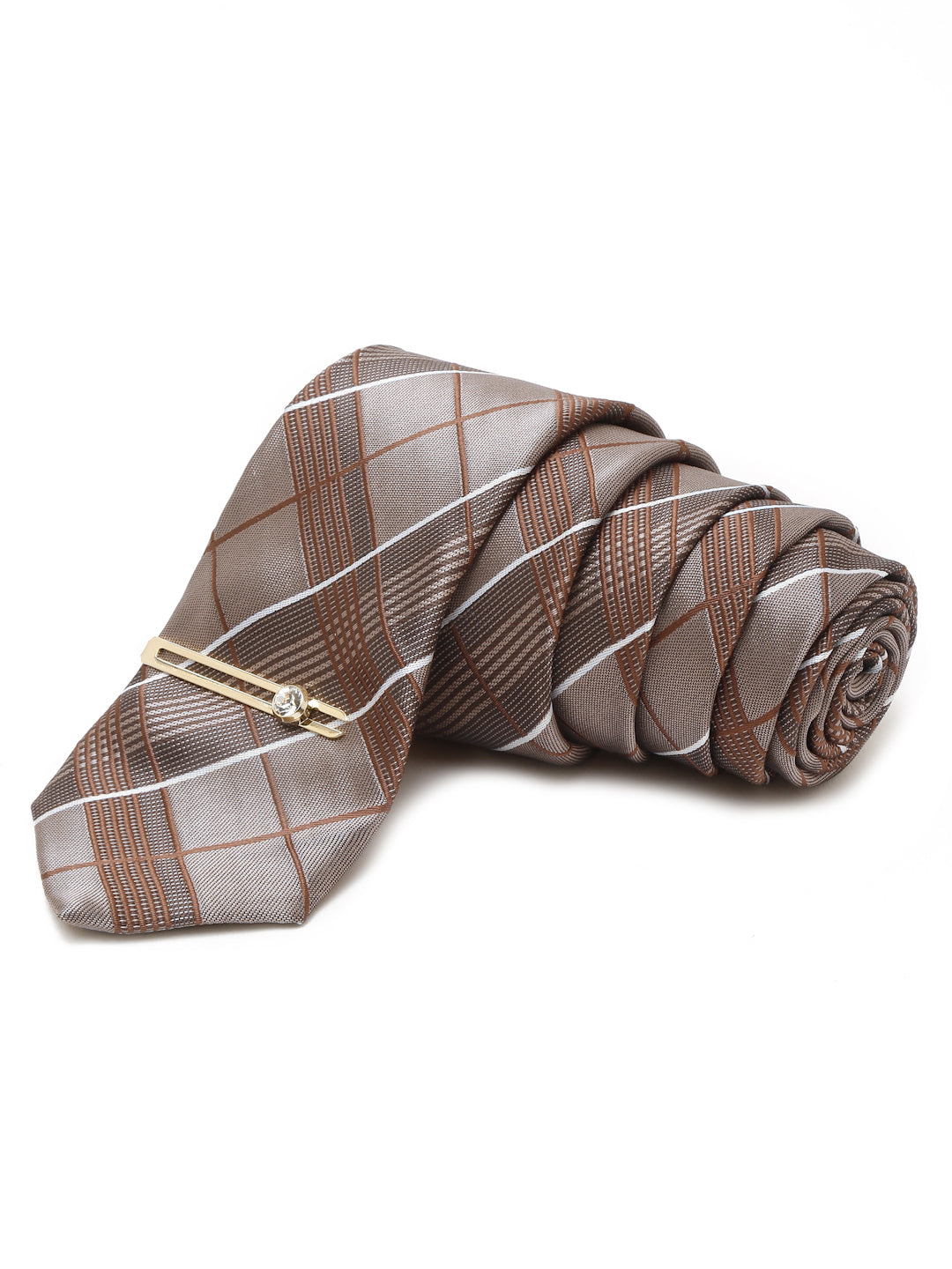 Checkered Brown Italian Silk Necktie Set Pocket Square Golden Tiepin