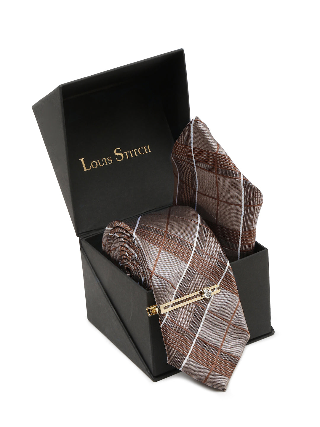 Checkered Brown Italian Silk Necktie Set Pocket Square Golden Tiepin