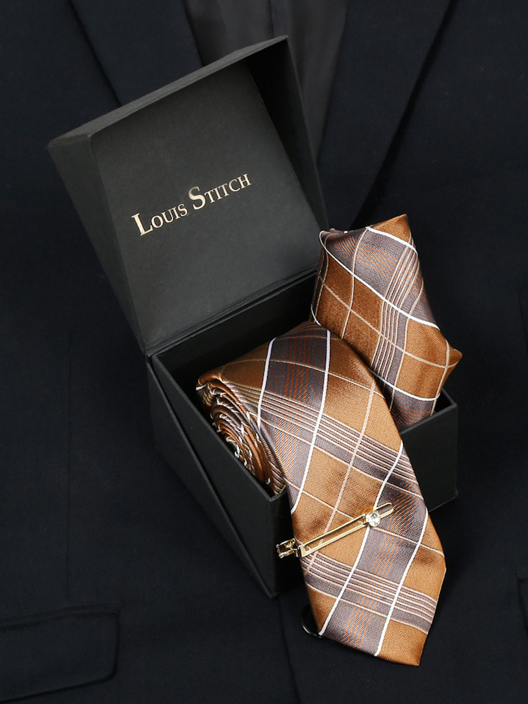 Checkered Brown Italian Silk Necktie Set Pocket Square Golden Tiepin