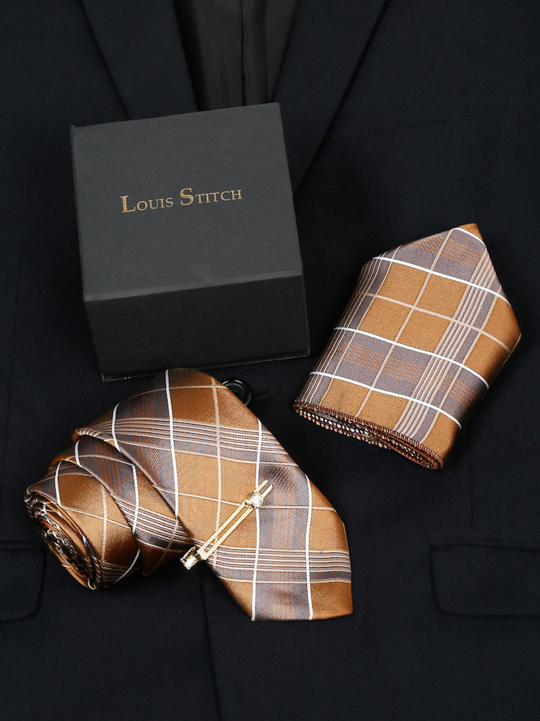 Checkered Brown Italian Silk Necktie Set Pocket Square Golden Tiepin