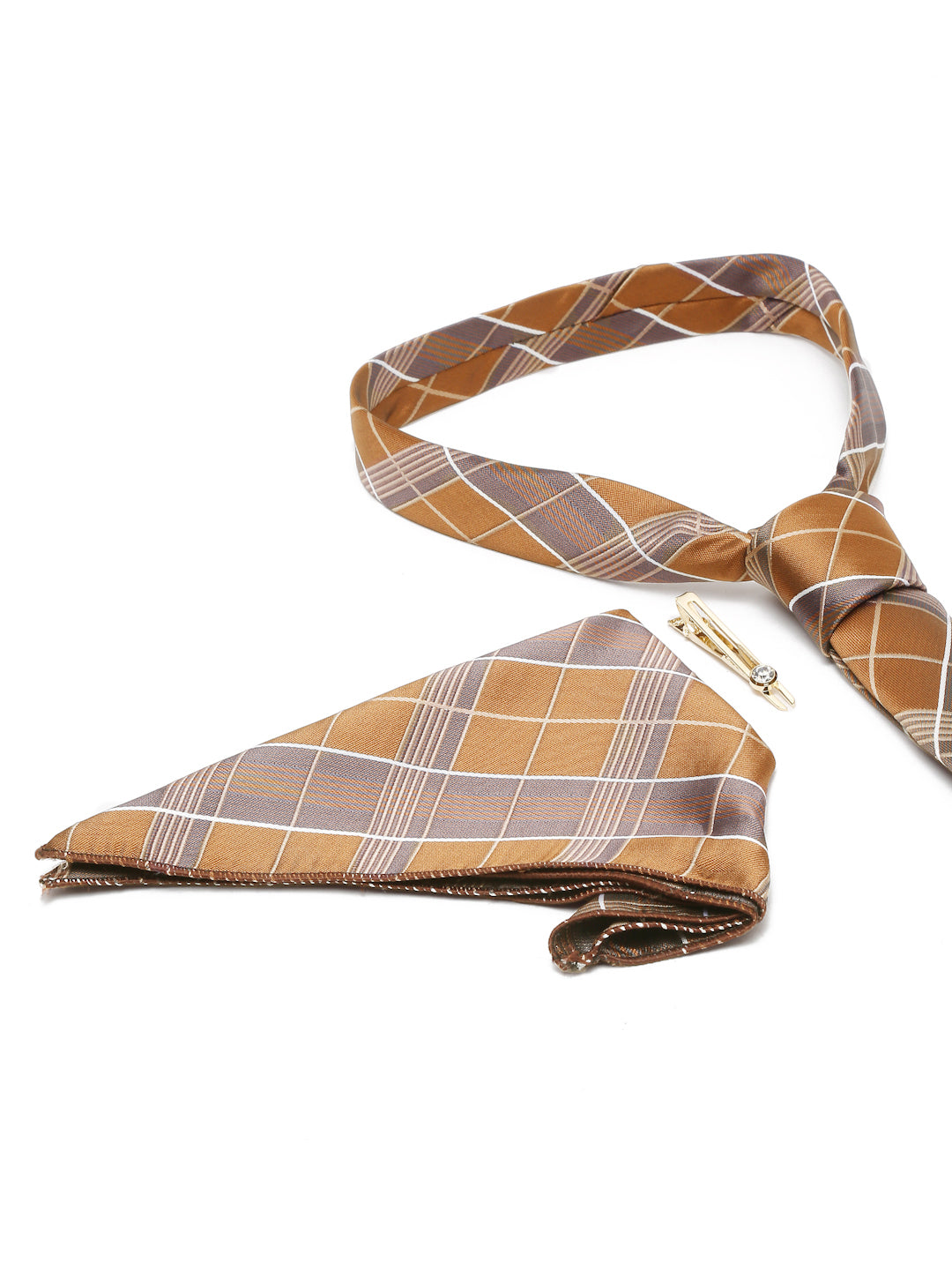 Checkered Brown Italian Silk Necktie Set Pocket Square Golden Tiepin