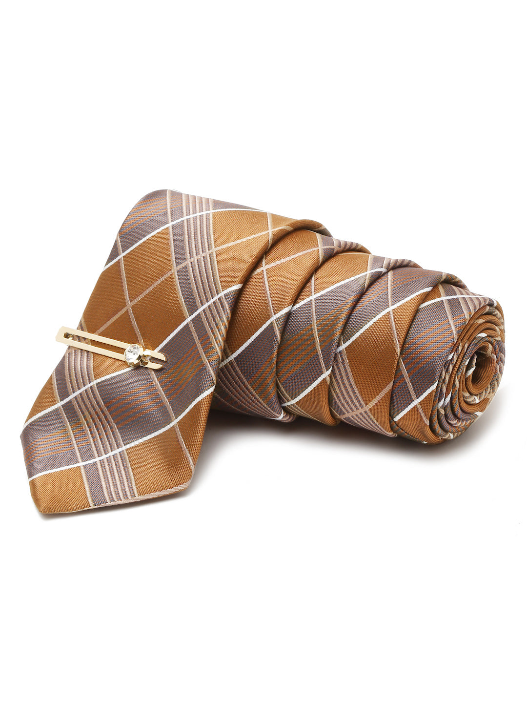 Checkered Brown Italian Silk Necktie Set Pocket Square Golden Tiepin