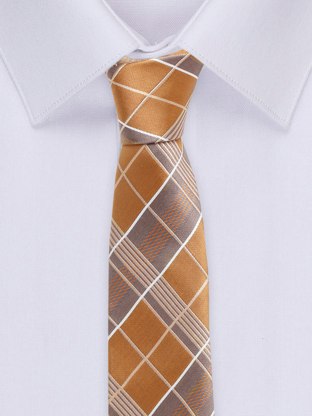 Checkered Brown Italian Silk Necktie Set Pocket Square Golden Tiepin