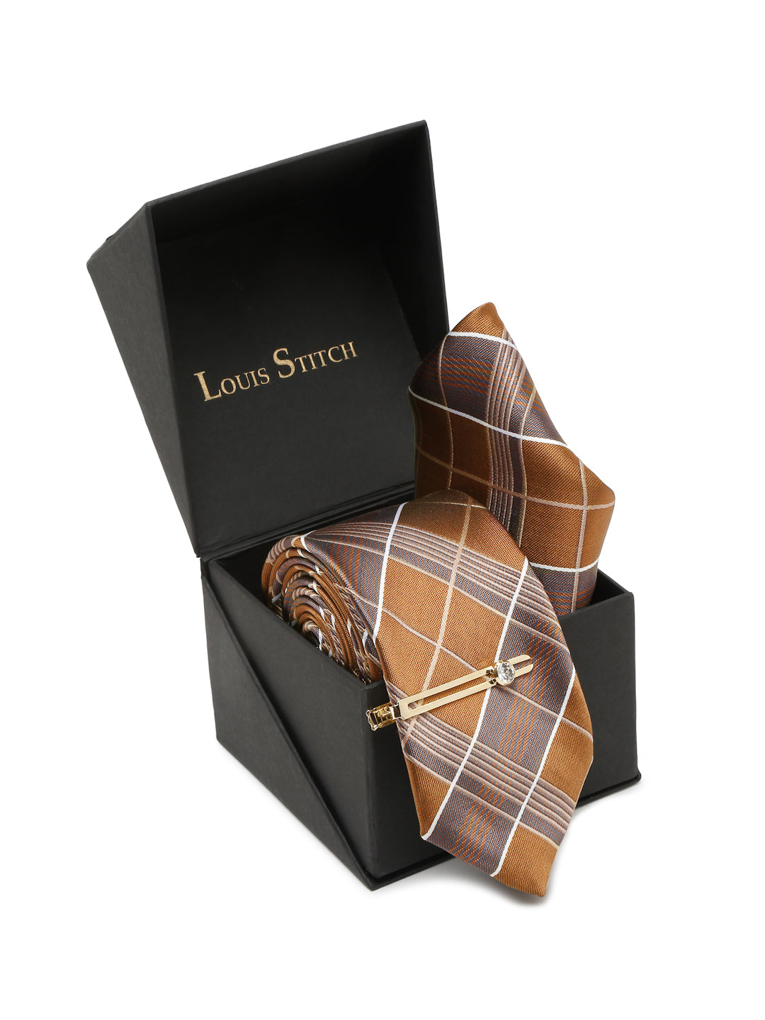 Checkered Brown Italian Silk Necktie Set Pocket Square Golden Tiepin