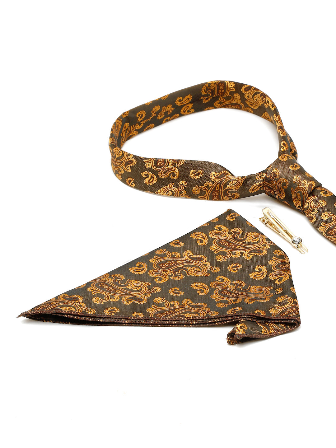 Checkered Brown Italian Silk Necktie Set Pocket Square Golden Tiepin