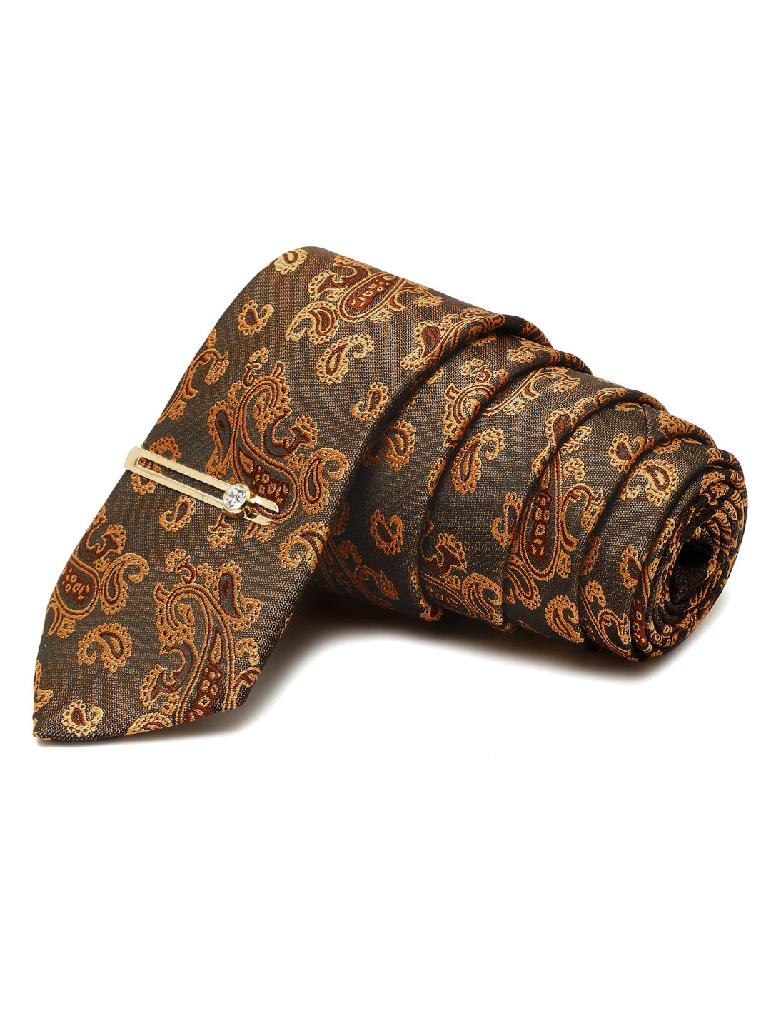 Checkered Brown Italian Silk Necktie Set Pocket Square Golden Tiepin