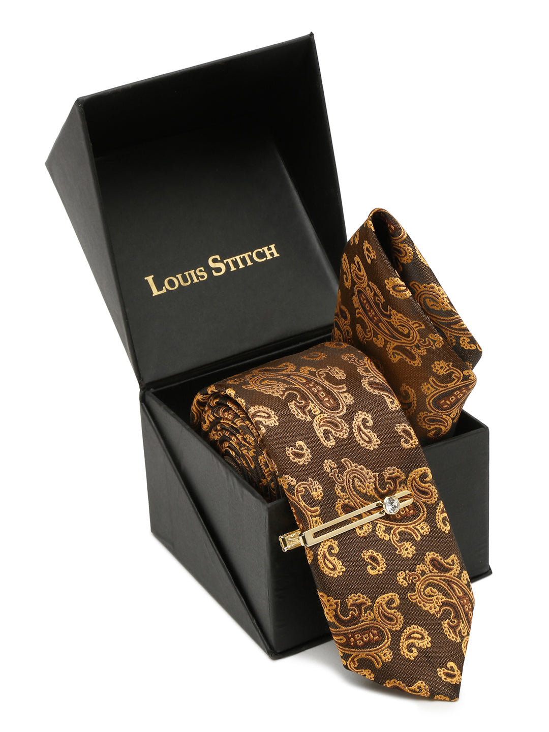 Checkered Brown Italian Silk Necktie Set Pocket Square Golden Tiepin