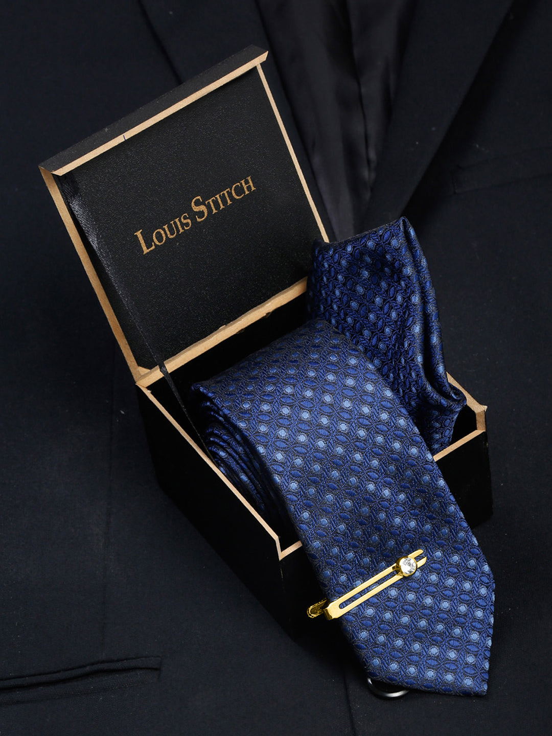 Admiral Blue Italian Silk Necktie Set Pocket Square Golden Tiepin